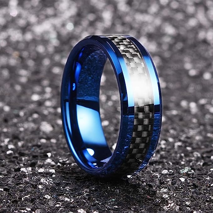 One: Genuine Carbide Tungsten 8mm ring blue-black Fiber with black carbon fiber inlay, Comfort Fit wedding band Size 6-15
