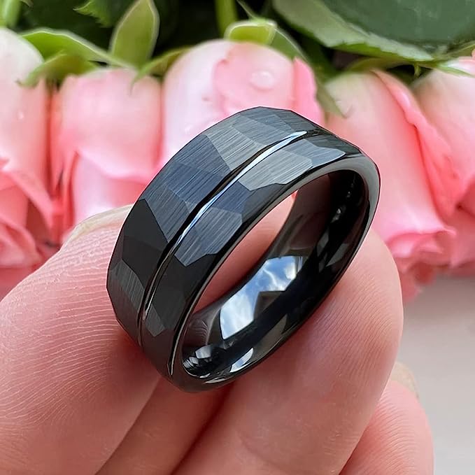 Genuine Carbide Tungsten Color: BLACK Brushed Hammered 8mm RING Polished Shiny Comfort Fit Wedding Band Size 6-15