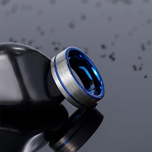 8mm Genuine Tungsten Carbide Silver/Blue Thin Groove Line Comfort Fit Size 6-15