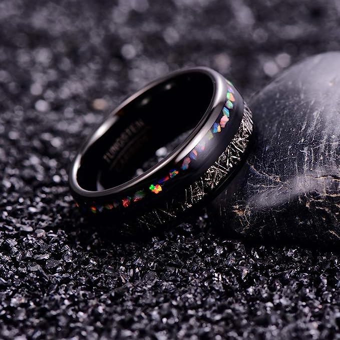 Genuine Carbide Tungsten Color: BLACK Inlaid with Imitated Meteorite Crushed Opal Center Inlay 8mm RING Polished Shiny Comfort Fit Wedding Band Size Size 7-12