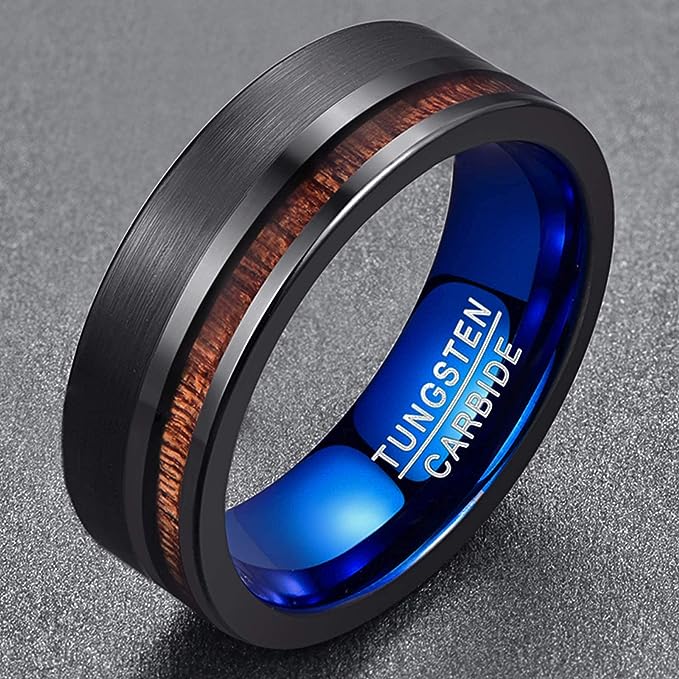 Genuine Carbide Tungsten Color: 8mm BLACK Brushed BLUE Koa Wood Inlay  High polished inner-face design smooth and shiny. Comfort Fit Wedding Band Size 6-15