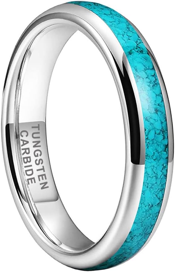 Genuine Carbide Tungsten Color:  SILVER 4mm RING Turquoise Inlay Domed Polished Shiny Comfort Fit Wedding Band Size 6-15