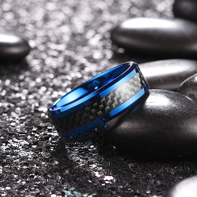 One: Genuine Carbide Tungsten 8mm ring blue-black Fiber with black carbon fiber inlay, Comfort Fit wedding band Size 6-15