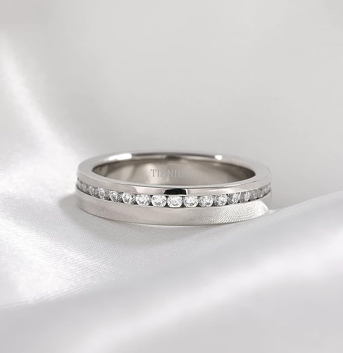 Genuine Titanium Silver 5mm Wide Ring Cubic Zirconia Eternity High Polished Comfort Fit.