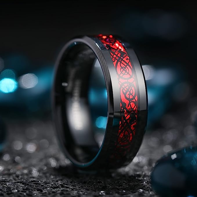 Genuine Carbide Tungsten Color: BLACK Laser Celtic Dragon RED Fiber Inlay 8mm RING Polished Shiny Comfort Fit Wedding Band Size Size 6-15