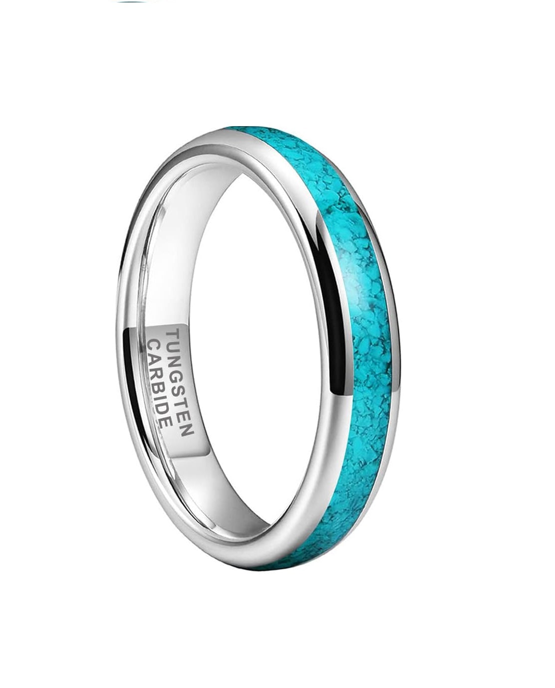 Genuine Carbide Tungsten Color:  SILVER 4mm RING Turquoise Inlay Domed Polished Shiny Comfort Fit Wedding Band Size 6-15