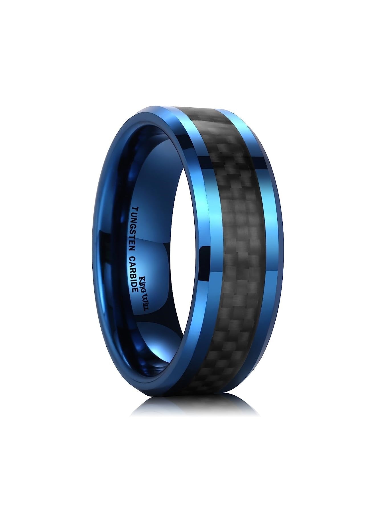 One: Genuine Carbide Tungsten 8mm ring blue-black Fiber with black carbon fiber inlay, Comfort Fit wedding band Size 6-15
