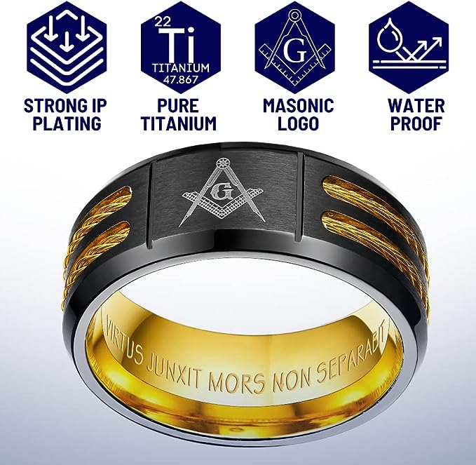 Genuine Titanium Black 8mm Wide Gold tone Masonic Man Ring High Polished Comfort Fit.