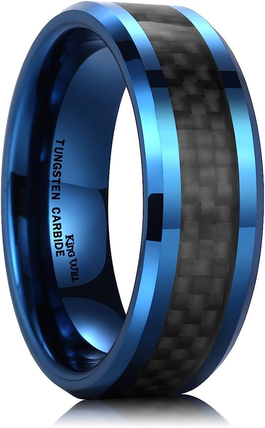 One: Genuine Carbide Tungsten 8mm ring blue-black Fiber with black carbon fiber inlay, Comfort Fit wedding band Size 6-15