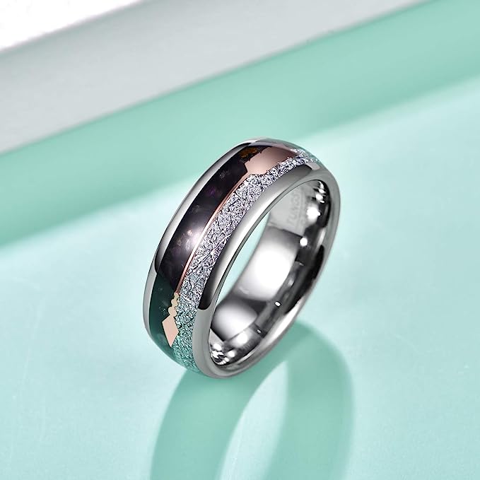 Genuine Carbide Tungsten Color: 8mm Gorgeous black agate and imitated meteorite Silver Inner high polished inner-face design smooth and shiny. Comfort Fit Wedding Band Size 6-15