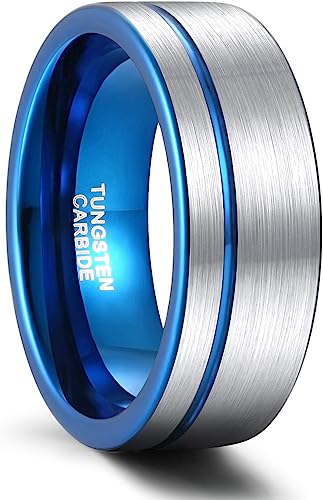 8mm Genuine Tungsten Carbide Silver/Blue Thin Groove Line Comfort Fit Size 6-15