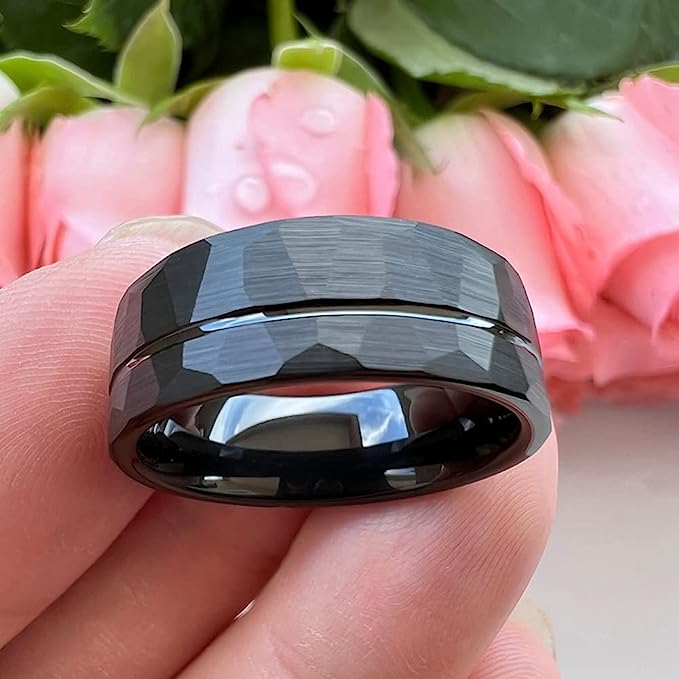 Genuine Carbide Tungsten Color: BLACK Brushed Hammered 8mm RING Polished Shiny Comfort Fit Wedding Band Size 6-15