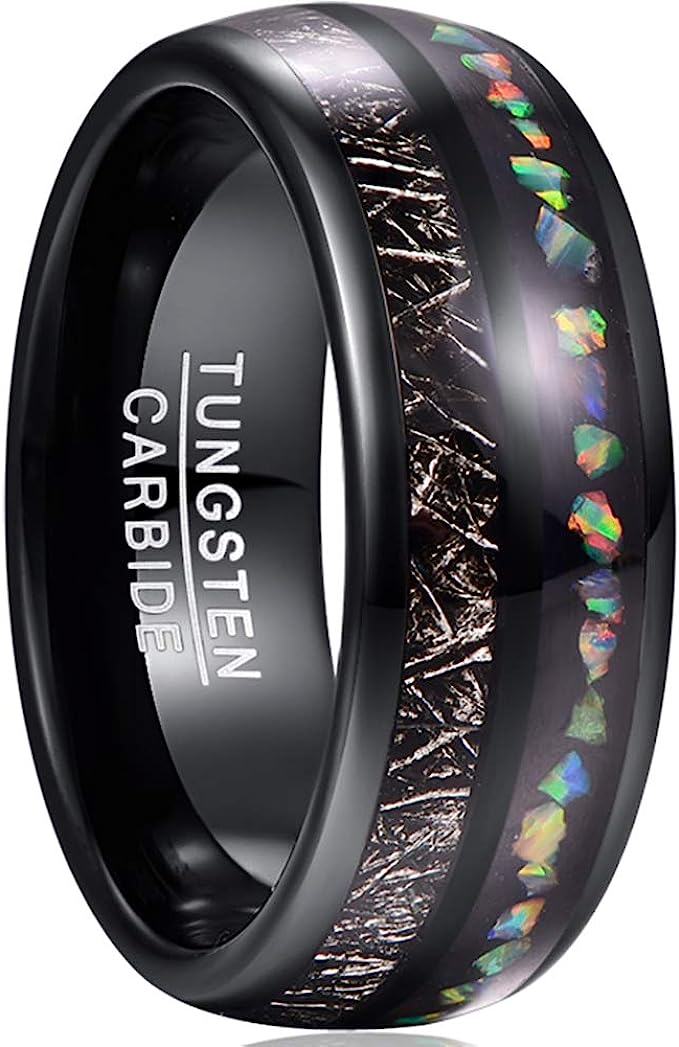 Genuine Carbide Tungsten Color: BLACK Inlaid with Imitated Meteorite Crushed Opal Center Inlay 8mm RING Polished Shiny Comfort Fit Wedding Band Size Size 7-12