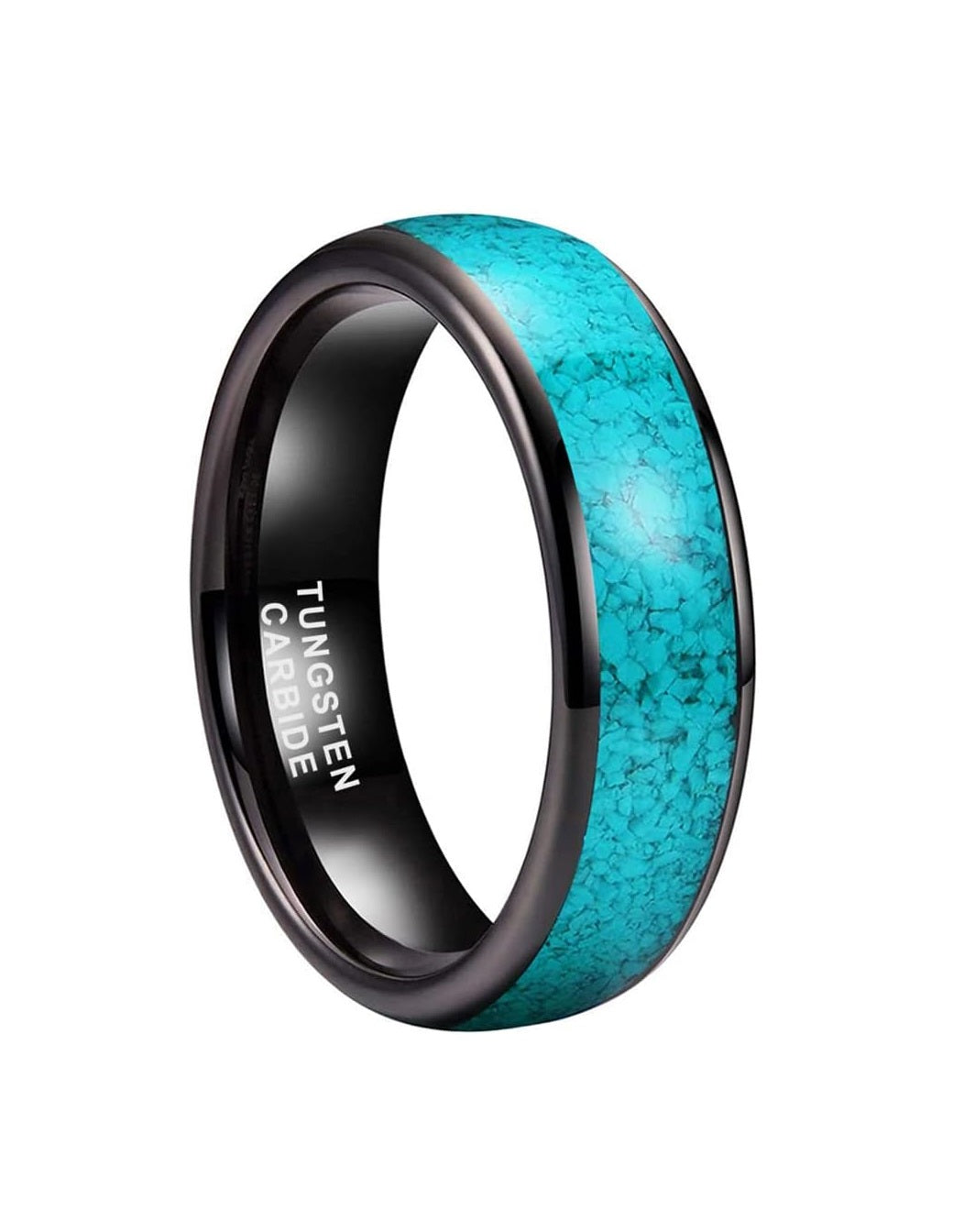 Genuine Carbide Tungsten Color:  BLACK 6mm RING Turquoise Inlay Domed Polished Shiny Comfort Fit Wedding Band Size 6-15