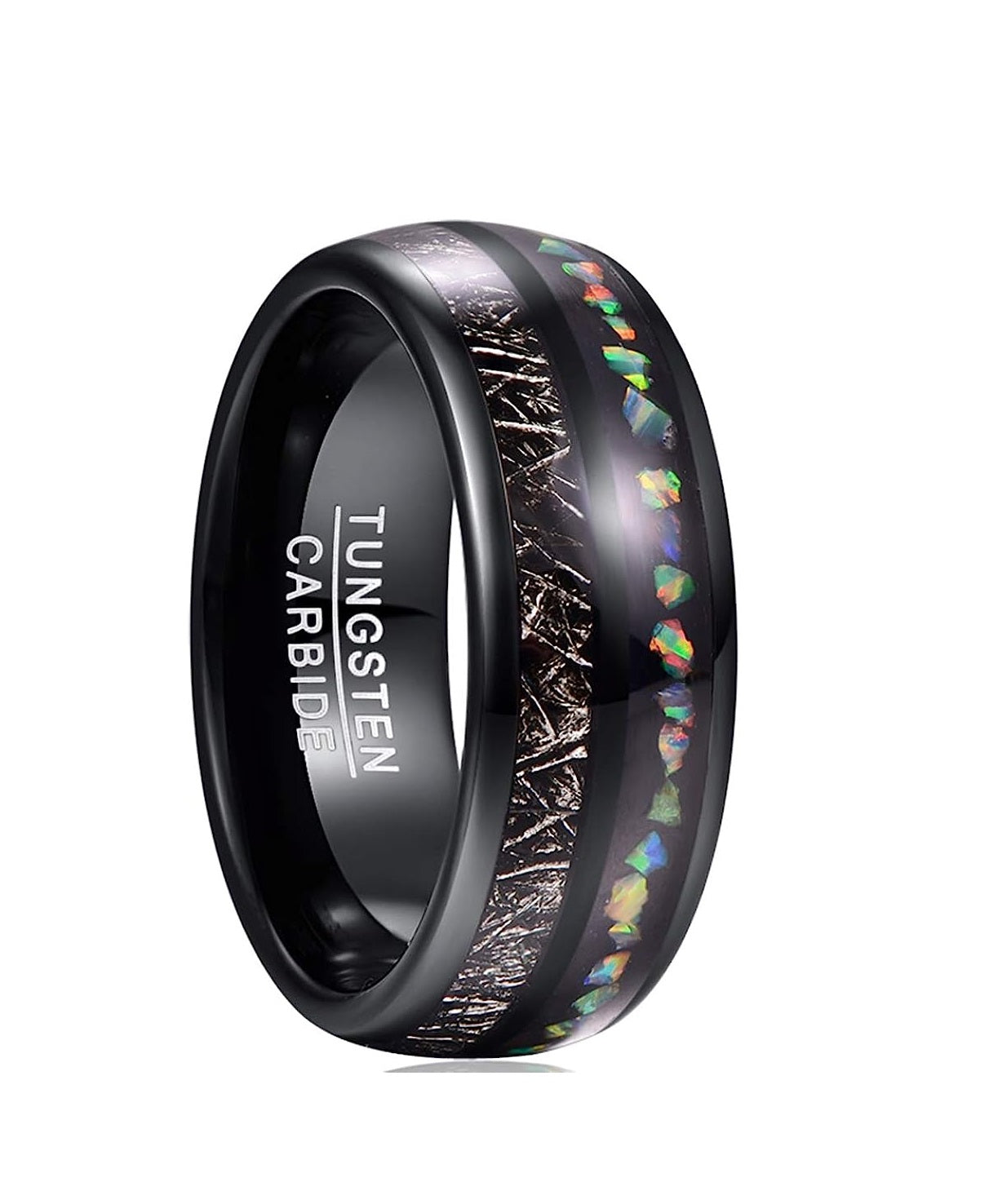 Genuine Carbide Tungsten Color: BLACK Inlaid with Imitated Meteorite Crushed Opal Center Inlay 8mm RING Polished Shiny Comfort Fit Wedding Band Size Size 7-12