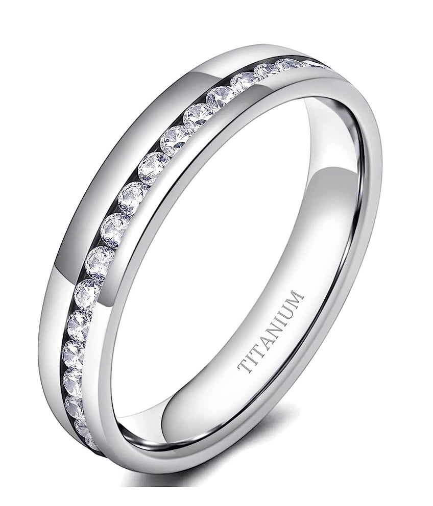 Genuine Titanium Silver 5mm Wide Ring Cubic Zirconia Eternity High Polished Comfort Fit.