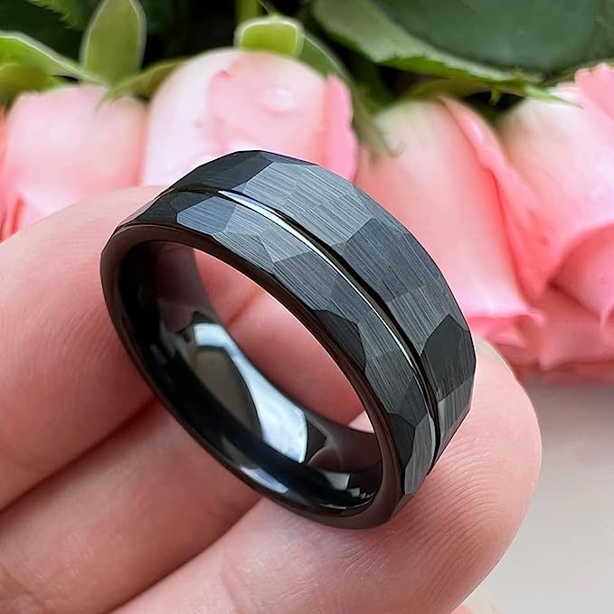 Genuine Carbide Tungsten Color: BLACK Brushed Hammered 8mm RING Polished Shiny Comfort Fit Wedding Band Size 6-15