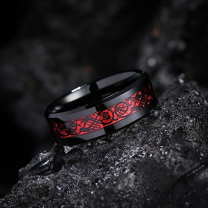 Genuine Carbide Tungsten Color: BLACK Laser Celtic Dragon RED Fiber Inlay 8mm RING Polished Shiny Comfort Fit Wedding Band Size Size 6-15