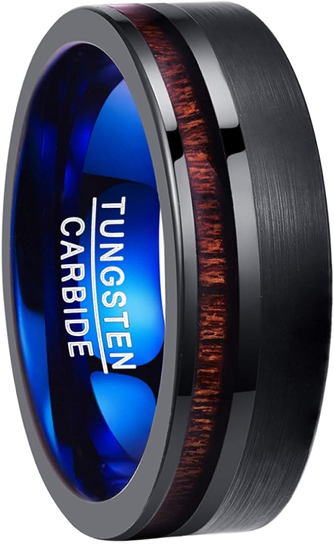 Genuine Carbide Tungsten Color: 8mm BLACK Brushed BLUE Koa Wood Inlay  High polished inner-face design smooth and shiny. Comfort Fit Wedding Band Size 6-15