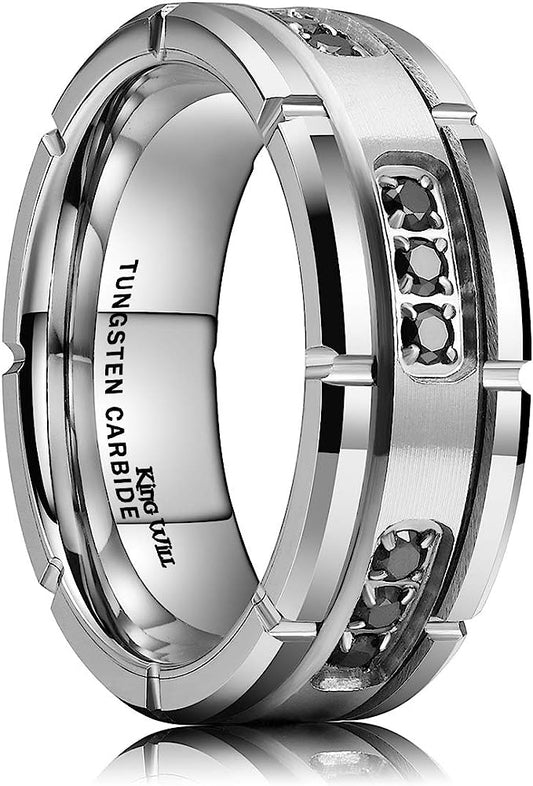 Genuine Carbide Tungsten Color: 8mm SILVER With Black Cubic Zirconia  Inlaid Gorgeous Stunning Polished Shiny Comfort Fit Wedding Band Size Size 6-15