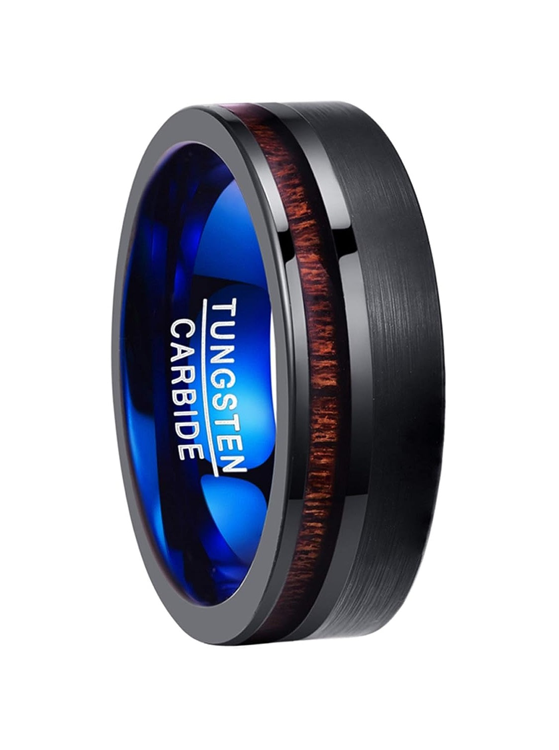 Genuine Carbide Tungsten Color: 8mm BLACK Brushed BLUE Koa Wood Inlay  High polished inner-face design smooth and shiny. Comfort Fit Wedding Band Size 6-15