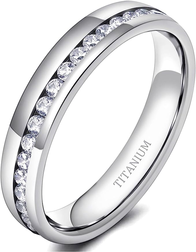 Genuine Titanium Silver 5mm Wide Ring Cubic Zirconia Eternity High Polished Comfort Fit.