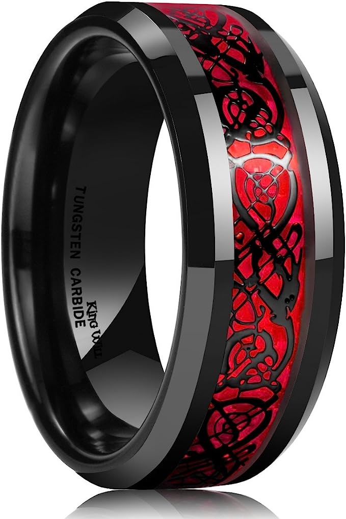 Genuine Carbide Tungsten Color: BLACK Laser Celtic Dragon RED Fiber Inlay 8mm RING Polished Shiny Comfort Fit Wedding Band Size Size 6-15