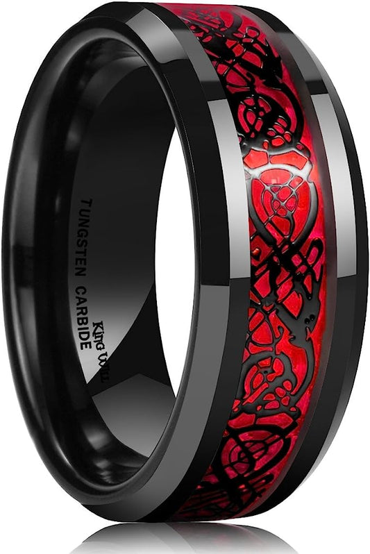 Genuine Carbide Tungsten Color: BLACK Laser Celtic Dragon RED Fiber Inlay 8mm RING Polished Shiny Comfort Fit Wedding Band Size Size 6-15