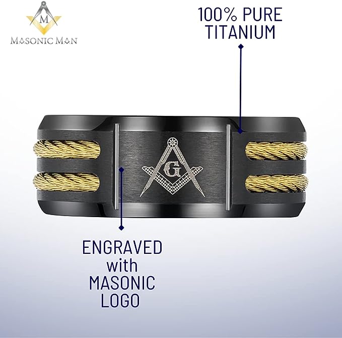 Genuine Titanium Black 8mm Wide Gold tone Masonic Man Ring High Polished Comfort Fit.