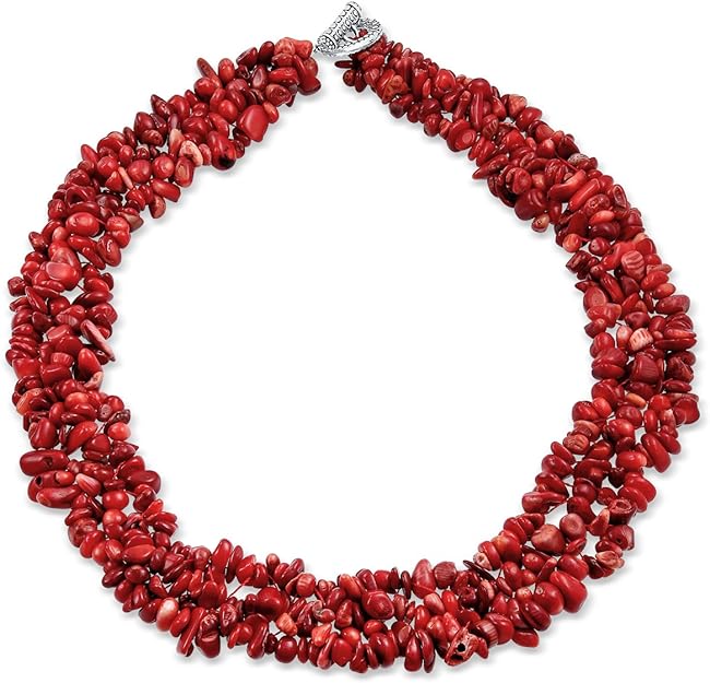 ONE: Premium This gorgeous 18 inch gemstone bib necklace is layers of dyed red coral.