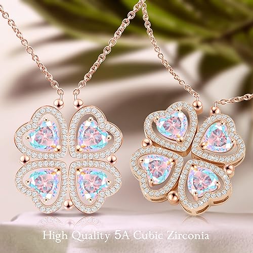 ONE: Lucky Four Leaf Rose Gold Daily Rainbow Clover Pendant Necklaces for Women & Girls