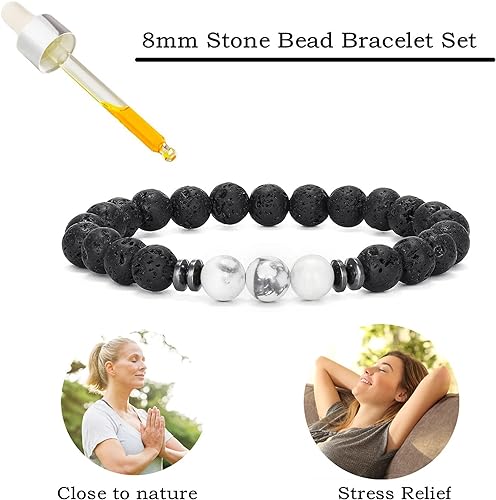 THREE: 3 HANDMADE Bracelets Matte Natural Lava Rock Volcanic Stone Beads Elastic Stretch White Howlite