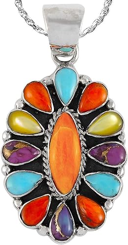 ONE :💎Color: Handmade Genuine Natural Multi Gemstone Turquoise Pendant 20" Necklace 925 Sterling Silver (Solid)