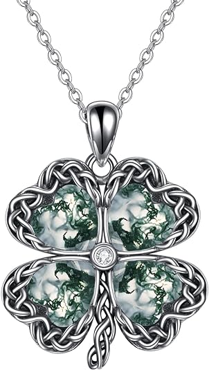 ONE:  Style: Moss Agate Pendant Necklace 925 Sterling Silver four-leaf clover