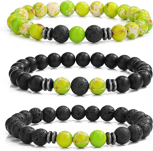 THREE: 3 HANDMADE Bracelets Matte Natural Lava Rock Volcanic Stone Beads Elastic Stretch Green Agate