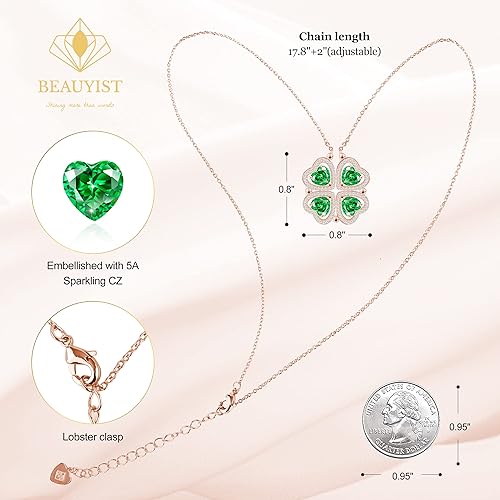 ONE: Lucky Four Leaf Rose Gold MAY- Emerald Green Clover Pendant Necklaces for Women & Girls