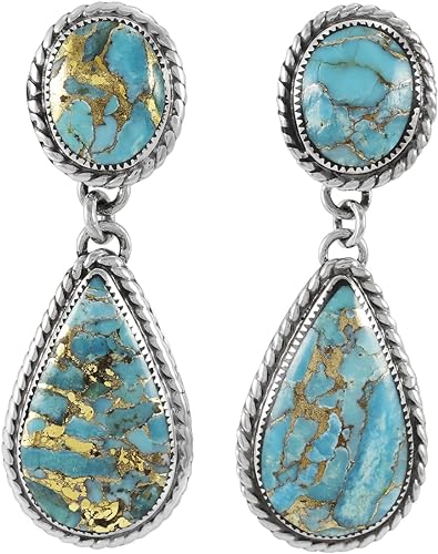 ONE: PAIR Genuine Sky Matrix Turquoise Earrings in Sterling Silver (SOLID) 1.5" Long