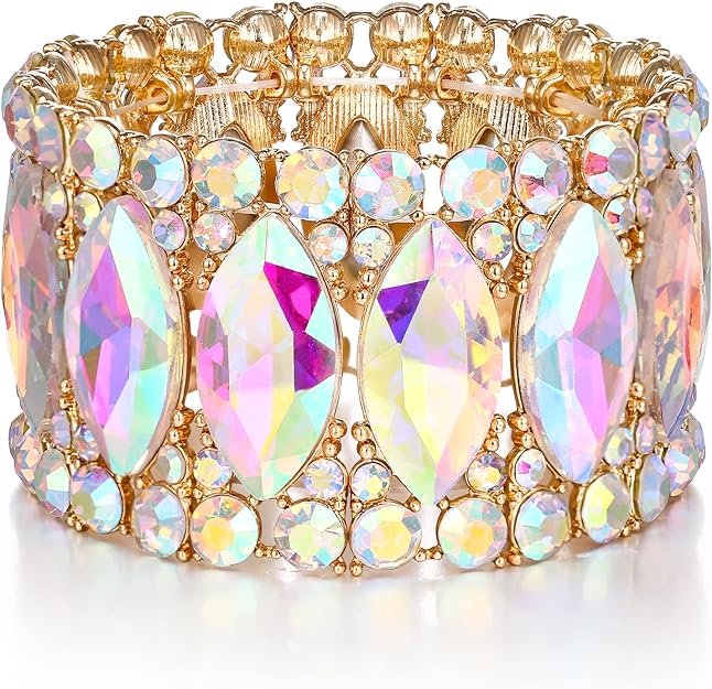 ONE: Premium Gorgeous Jewelry Elegant Crystal Double Row Rhinestones Marquise Cluster Stretch Bangle Bracelet.