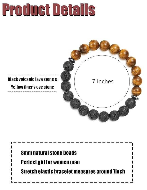 ONE: Premium 5Pcs Handmade Bracelets Tiger Eye 8mm Matte Lava Rock Volcanic Stone Beads Beaded Bracelets for Men Women - Stretch Bracelet