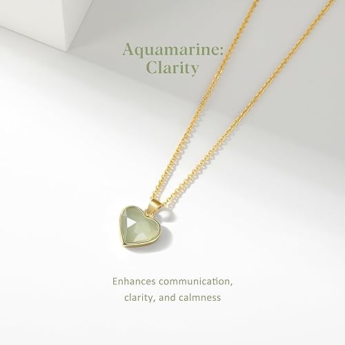ONE: Handmade Healing Crystal Pendant Necklace, 14K Gold Plated Natural Energy Stone Aquamarine-Heart