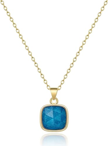 ONE: Handmade Healing Crystal Pendant Necklace, 14K Gold Plated Natural Energy Stone Blue Apatite-Square