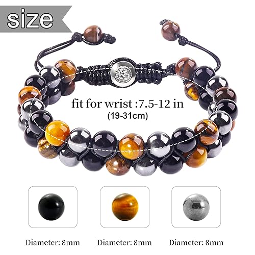 ONE: Premium Triple Protection Bracelet, 8mm Bead Bracelet Handmade with Tiger Eye Black Obsidian and Magnetic Hematite, Natural Healing Crystals Bracelet for Protection and Balance, Bring Luck And Prosperity