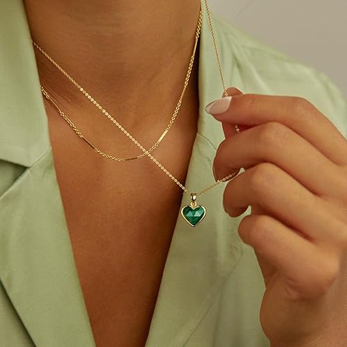ONE: Handmade Healing Crystal Pendant Necklace, 14K Gold Plated Natural Energy Stone Malachite-Heart