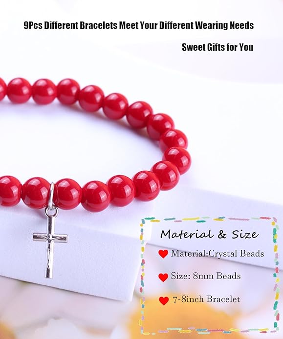 ONE: Premium Handmade 9pcs Cross Bracelets for Women and Men - 8mm Natural Crystal Healing Bracelets Semi-Precious Gemstones Beads Stretch Bracelets Religious Gift for Christians with Prayers Card