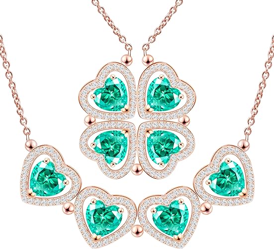 ONE: Lucky Four Leaf Rose Gold MAY- Columbia Green Clover Pendant Necklaces for Women & Girls