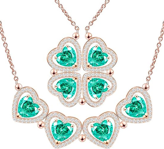 ONE: Lucky Four Leaf Rose Gold MAY- Columbia Green Clover Pendant Necklaces for Women & Girls