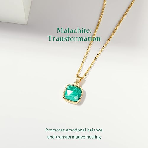 ONE: Handmade Healing Crystal Pendant Necklace, 14K Gold Plated Natural Energy Stone Malachite-Square