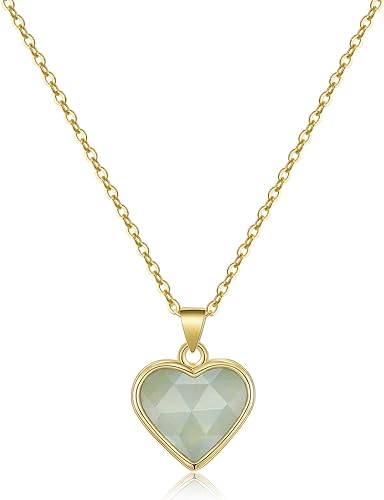 ONE: Handmade Healing Crystal Pendant Necklace, 14K Gold Plated Natural Energy Stone Aquamarine-Heart