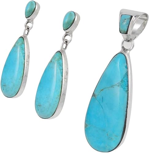 Sterling Silver 925 Matching Pendant & Earrings Set (with 20" Sterling Rope Chain) Genuine Turquoise (