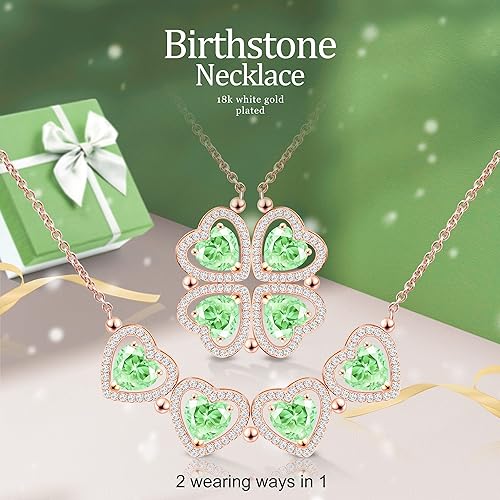 ONE: Lucky Four Leaf Rose Gold August Peridot Clover Pendant Necklaces for Women & Girls